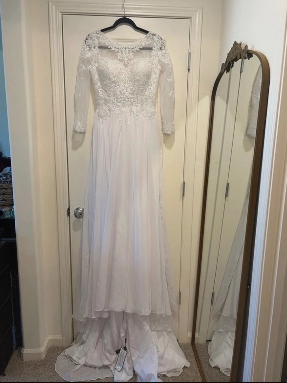 Lace-Appliqué White Wedding Gown with Sheer Long Sleeves